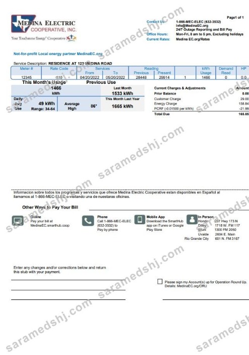 USA Texas Medina Electric utility bill template in Word and PDF format